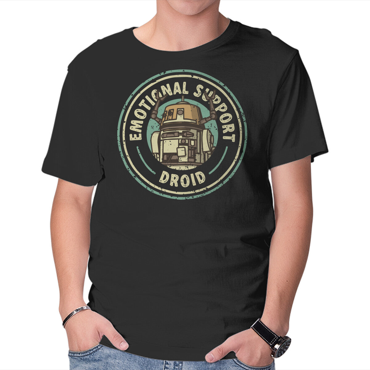 Unisex Crew Neck T-Shirt Emotional Support Droid Graphic Short Sleeve Casual Tee L