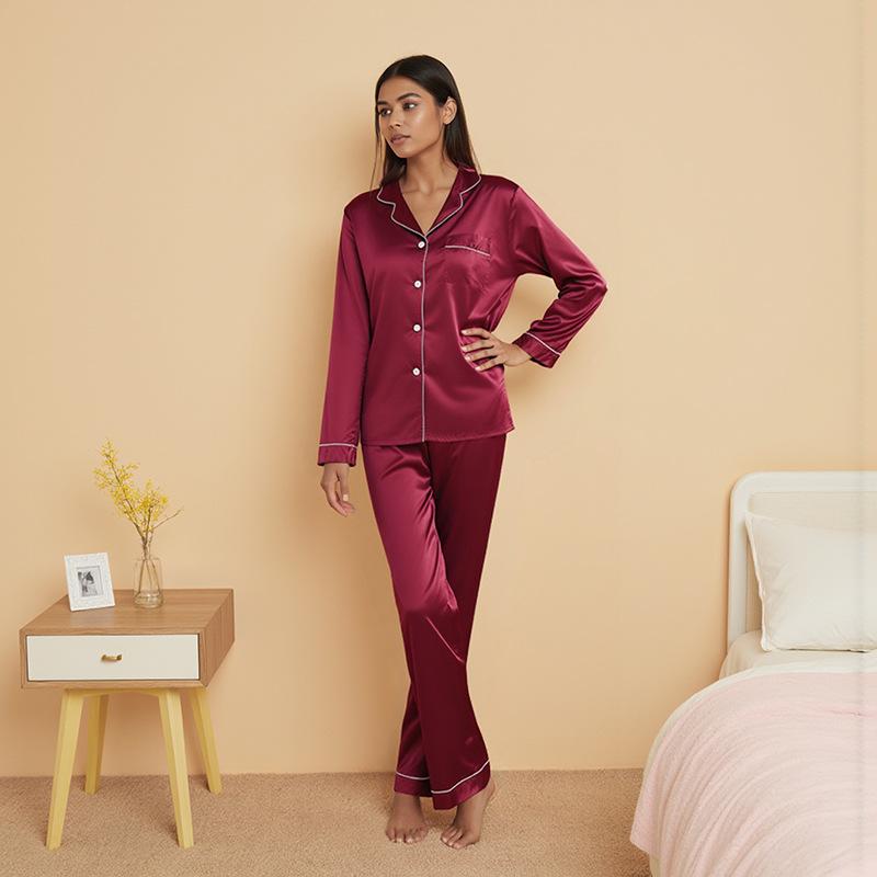 Large size satin satin pajamas women's spring and summer long-sleeved trousers thin silk casual home two-piece set