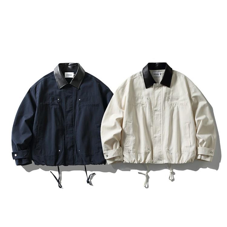 QIYOU 2026 Men's Japanese Retro Color Block Drawstring Lapel Casual Jacket