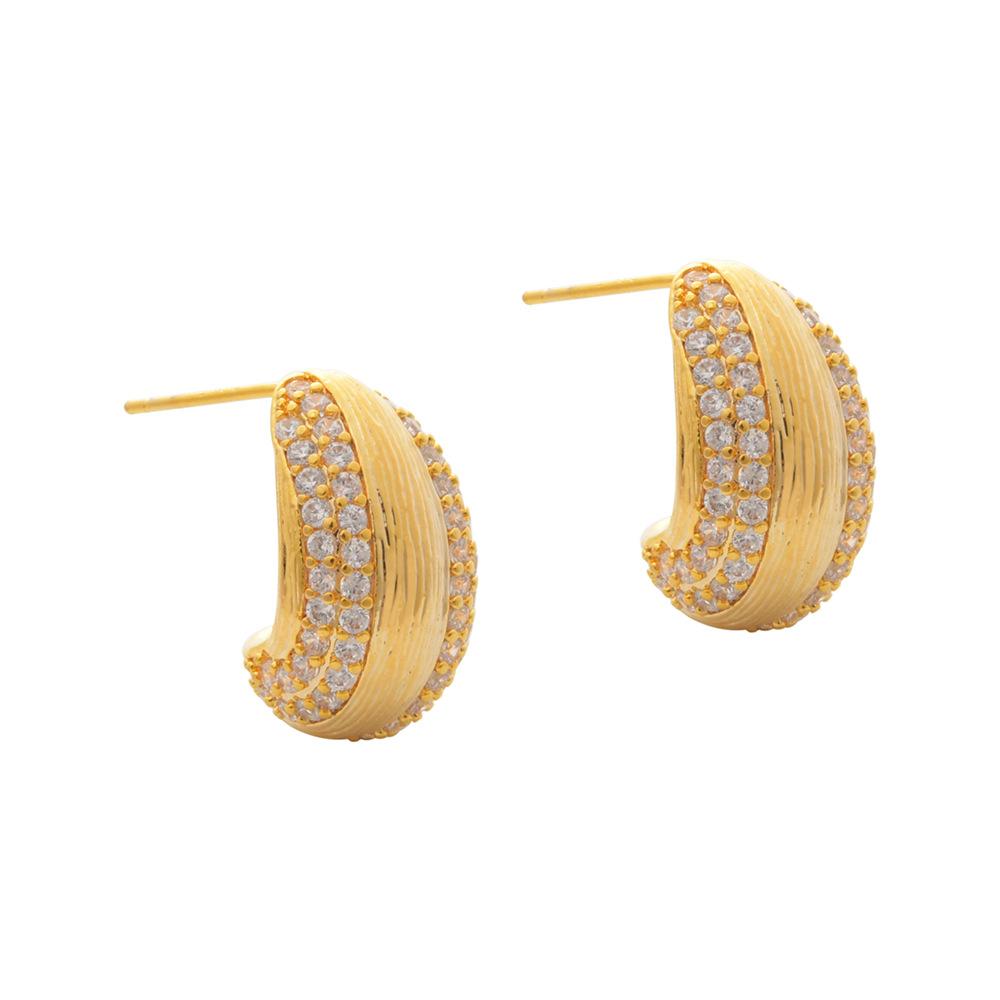 Korean Light Luxury Zircon Stud Earrings Textured Striped Teardrop Earrings Gold Plated Commute Jewelry for Women