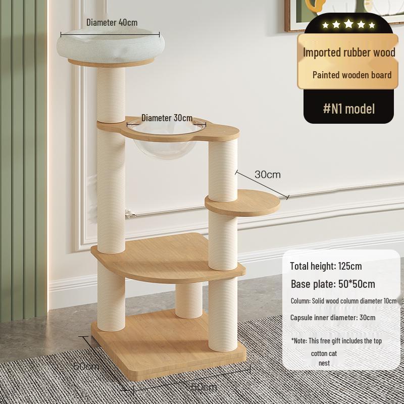 Solid Oak Cat Tree with Wall-Mounted Space Capsule Bed