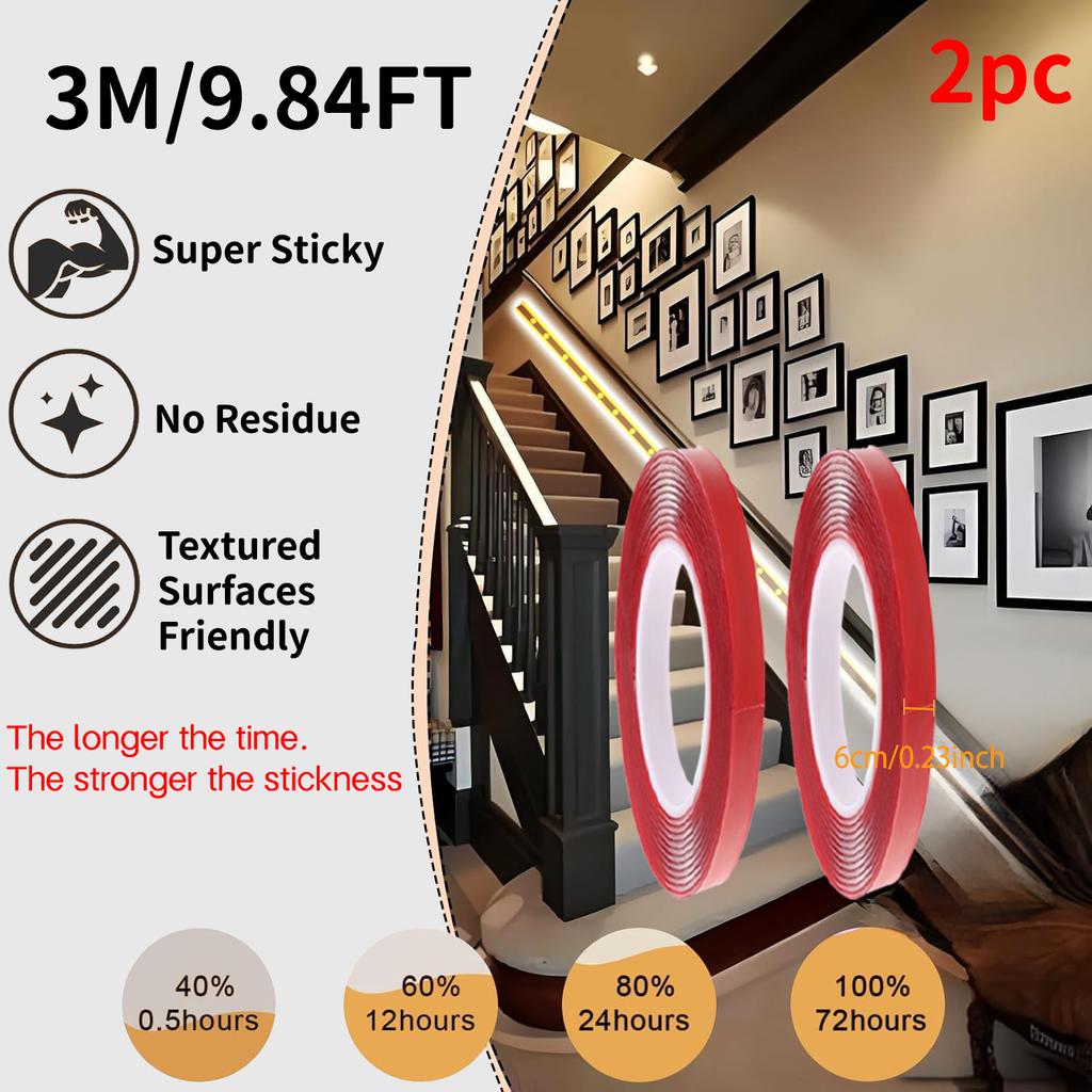 Red Acrylic Double-Sided Tape, Transparent, Strong Adhesive, No Trace, 6mm–30mm, for Phone, LCD, and Car Use