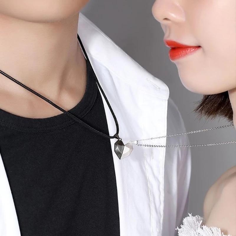 1pair Magnetic Couple Necklace For Lovers Gothic Punk Heart Pendant Necklace For Men Wedding Couple Jewelry Valentine 'S Day Gift