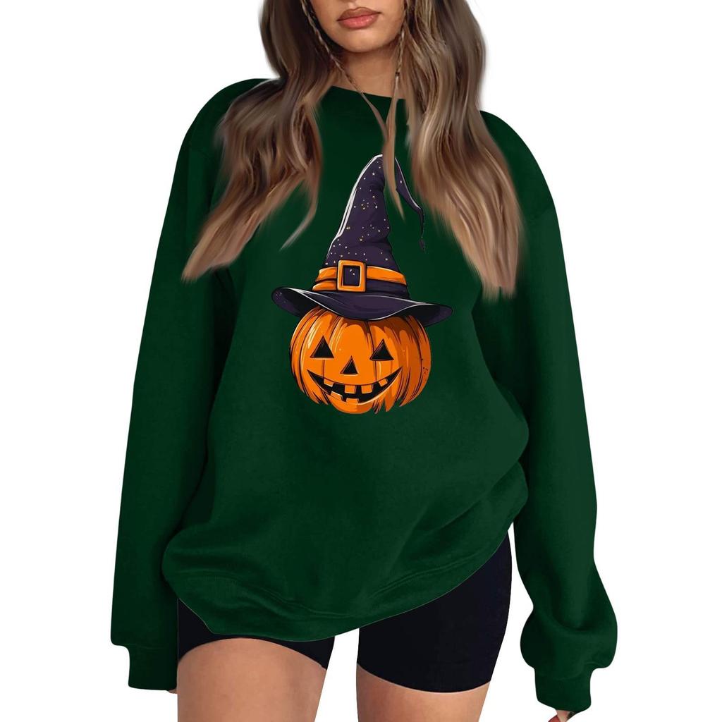 Women's Long Sleeve Neck Sweatshirt Loose Fit Casual Pullover Top with Small Halloween Print
