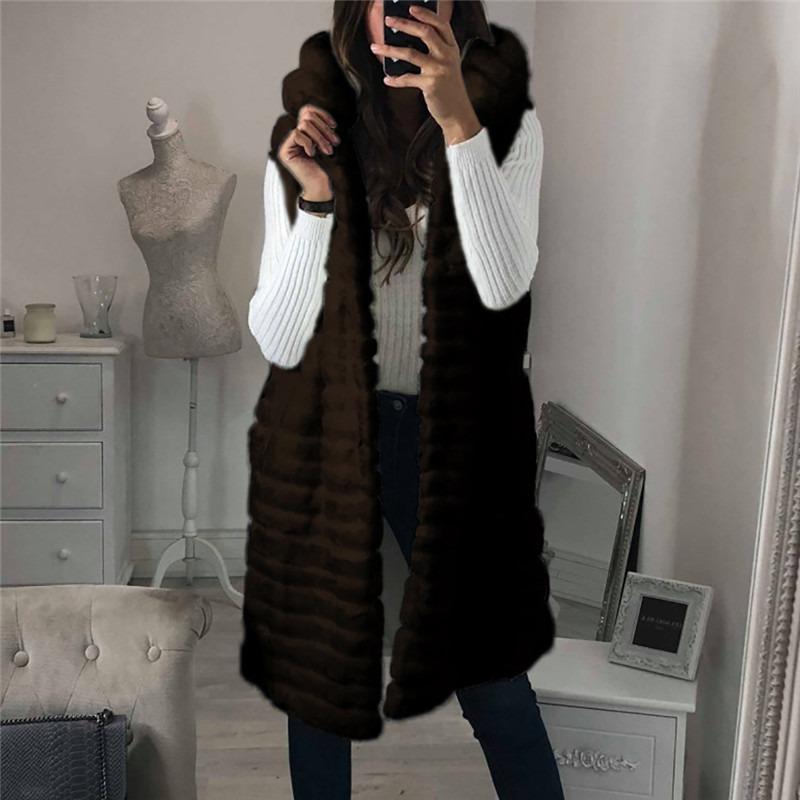 New Imitation Fur Hooded Vest Women's Plush Vest Autumn and Winter Warm Casual Fashion Hooded Long Vest