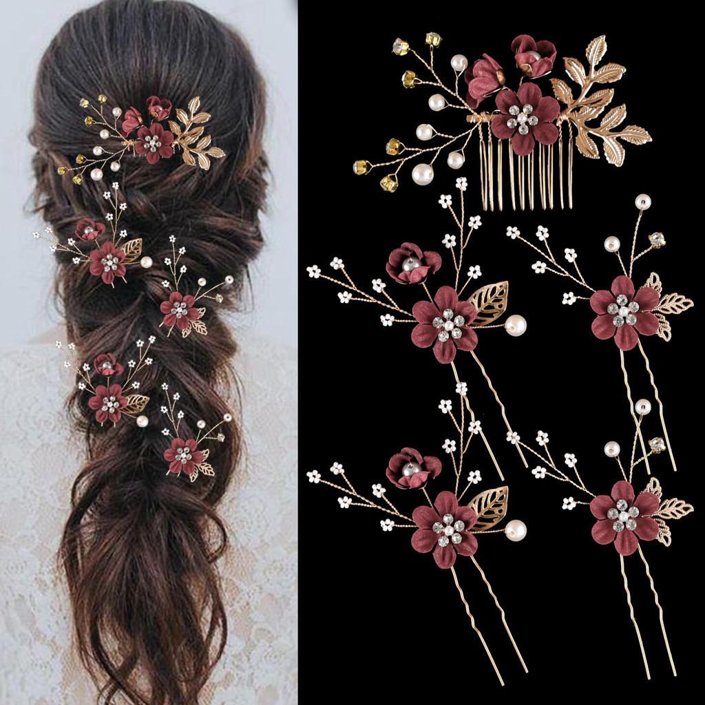 Headpiece Golden Wedding Hair Accessories Bridal Flower Wedding Hair Pins 5 PCS Pearl Hair Clips Jewelry with Rhinestone for Brides Bridesmaids Women