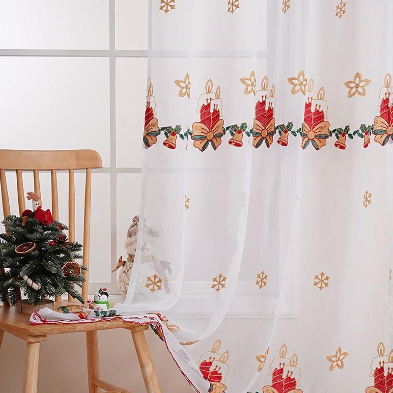 Christmas Curtains With Embroidered Snowflakes Bells Semi-Sheer American Style Window Treatment Living Room Bedroom Dining