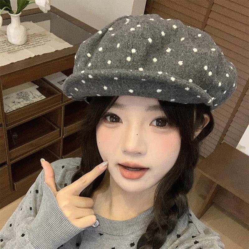 Korean Polka Dot Cloud Beret Female Spring And Summer Big Head Circumference Retro Versatile Painter Hat Showing Face Small Octagonal Hat