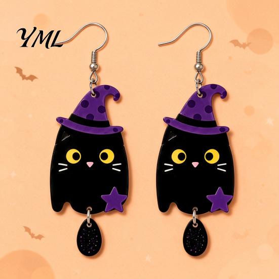 Colorful Patterned Ear Ornaments 1 Pair 2D Acrylic Halloween Dangle Drop Earrings for Women, Stylish Theme Party Accessories Spooky Ghost Cat Pumpkin