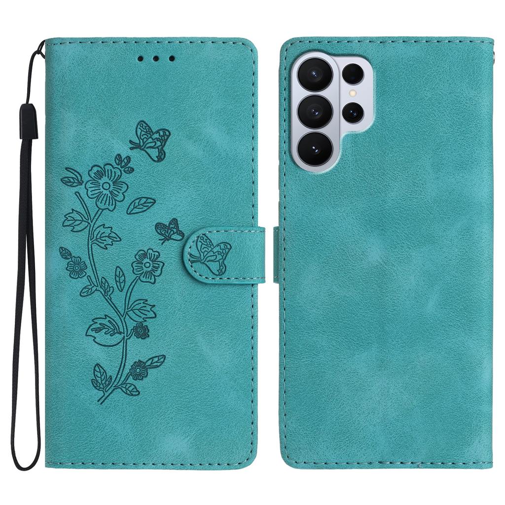 Leather Case For Samsung Galaxy S26 Ultra Imprinted Flower Phone Cover with Wrist Strap