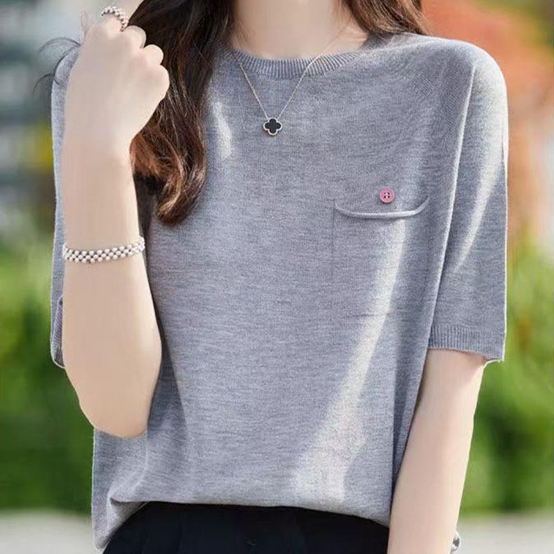 New Summer Thin Knitted Sweater Short-sleeved Women's Round-neck Loose Pocket Top