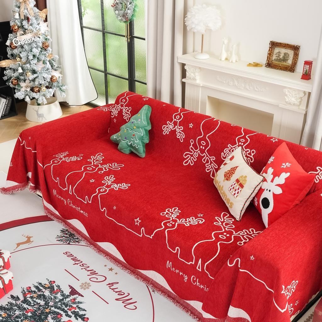 Christmas Tree Jacquard Chenille Sofa Towel with Tassels Holiday Decor for Living Room Couch Cover