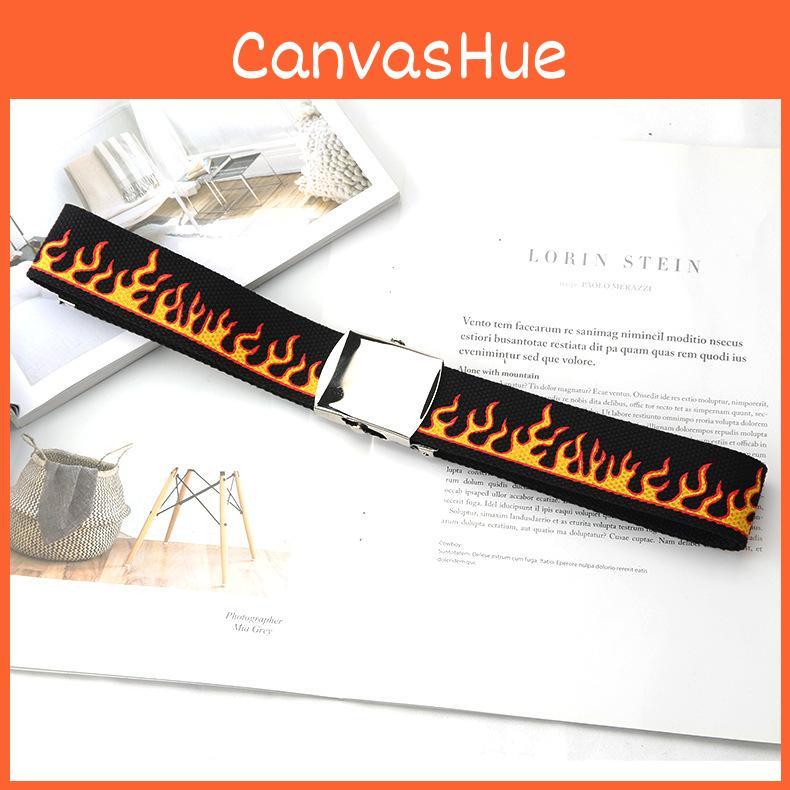 Fashionable Flame Pattern Metal Buckle Decoration Woven Canvas Belt For Men And Women Casual Style