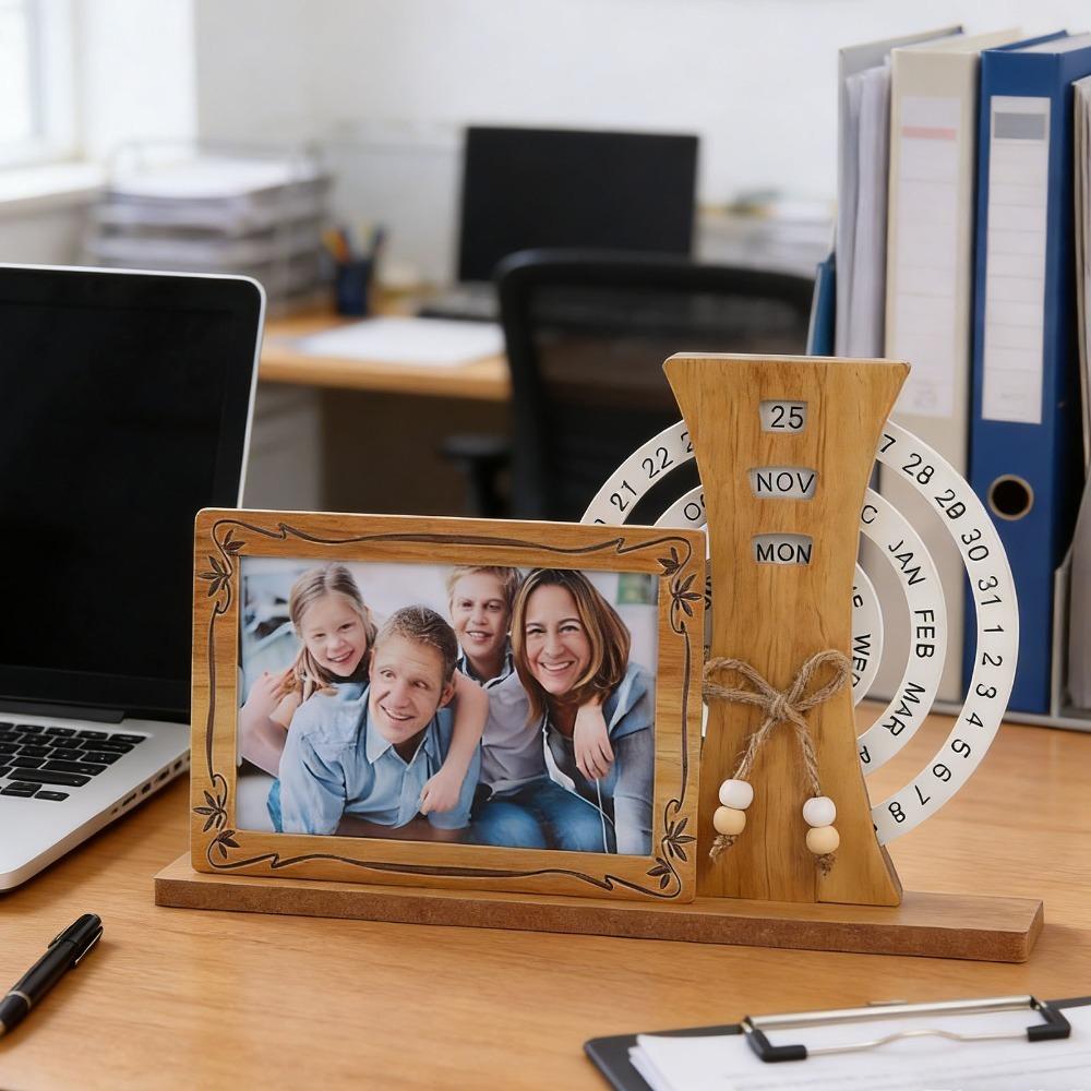 Rotating Display Eternal Calendar Photo Frame Wooden Rotating Calendar Ornament Office Decoration