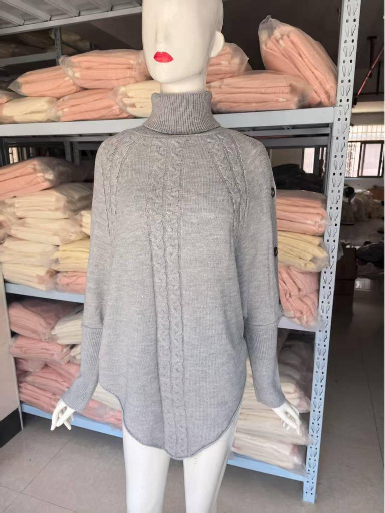 European and American Style Button-Decor Batwing Sleeve High Neck Knit Sweater for Autumn/Winter