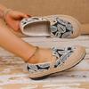 Boho Ethnic Floral Embroidery Canvas Loafers, Hand Stitched Jute Woven Sole Slip On Espadrille, Soft Insole Mother Shoes