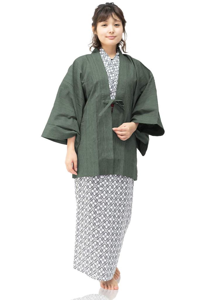Yukata Inn Set Inn for Women [KYOETSU] Set, Yukata, 4-piece (haori, Yukata, Obi, Laces) (Yukata-145, Haori-Green)