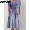 IHUASU 30 Color Pleated Midi Dress Short Sleeve Round Neck Loose Hem Mid-Calf Length Women Floral A-Line Party Dress Casual Wear