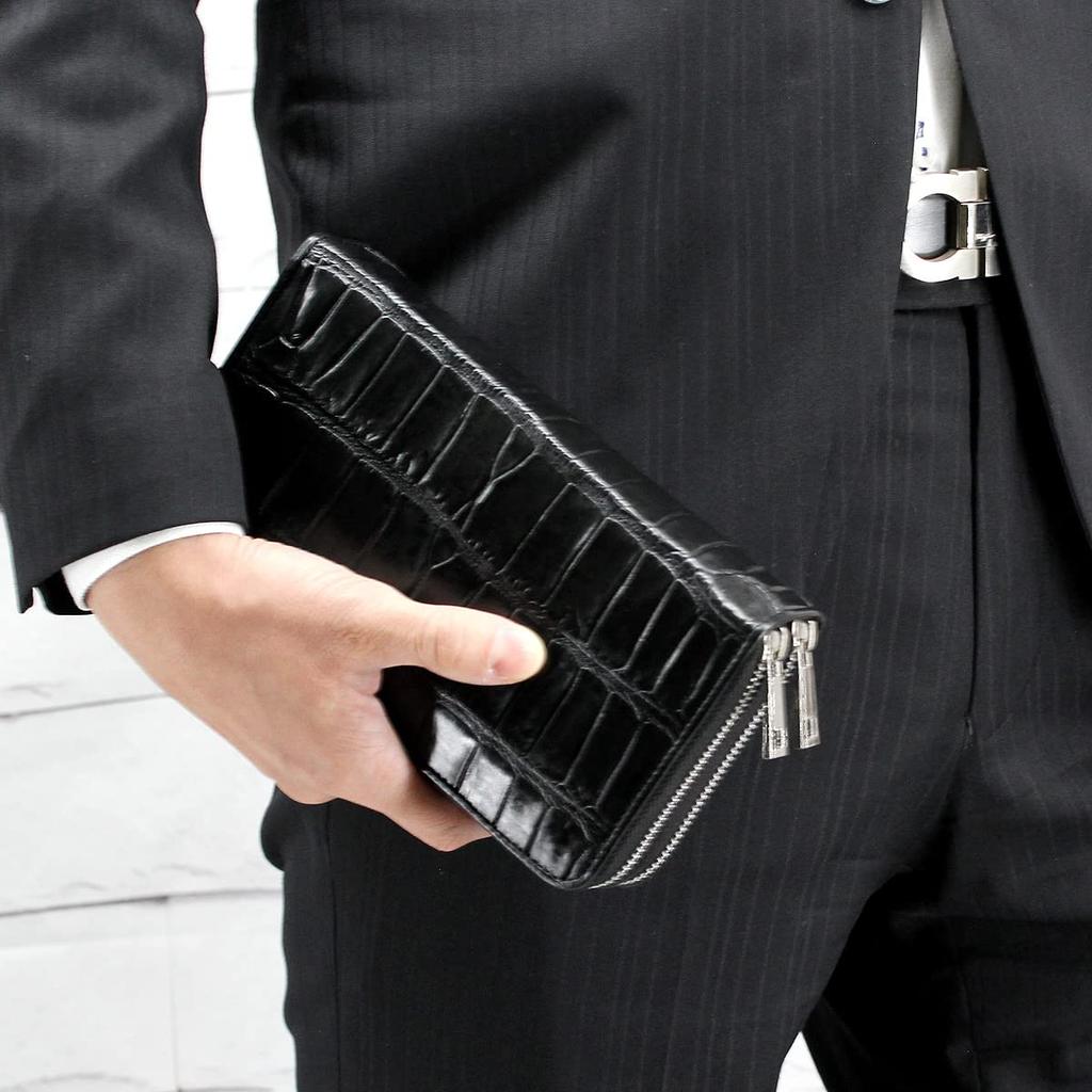 [Revetta] Crocodile Leather Long Wallet for Men, Genuine Leather, Black, Large Capacity, 40 Card Slots, Double Round Zipper, Silver, Single Piece Leat
