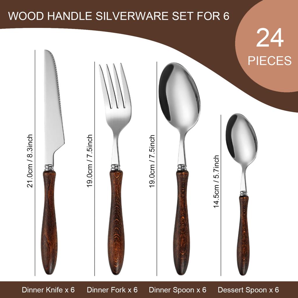 24 STÜCK Holzgriff 304 Edelstahl Besteck Silberbesteck Set, Rustikales Geschirr Besteckset Service für 6, Messer Gabeln Löffel Set