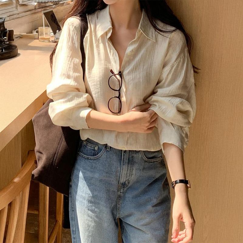 

Spring Autumn Polo-neck Solid Color Casual Fashion Buttons Shirt Women Long Sleeve Cardigan Blouse Top S абрикосовый