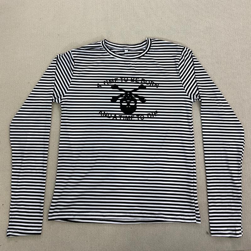 European and American Pullover Round Neck Long Sleeved Striped Printed T-shirt Retro High Street