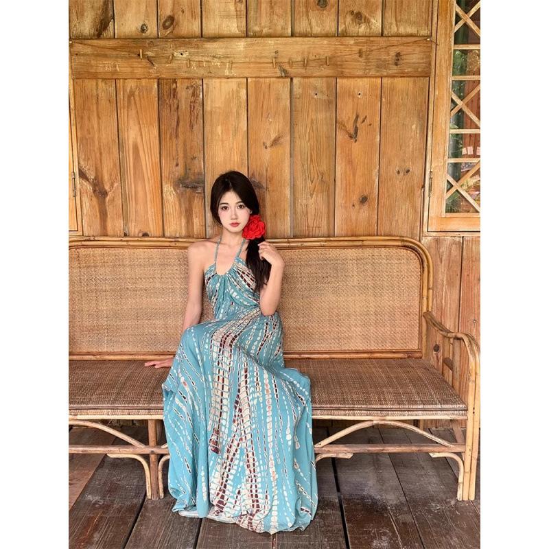 Thai Style Halter Neck Suspender Dress with Female Sexy Backless Seaside Travel Vacation Photo Long Skirt Temperament Beach Skirt Summer