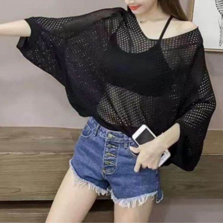 Summer V-neck seven-point bat-sleeved hollow blouse women's TK popular loose and thin outer top knitted sweater