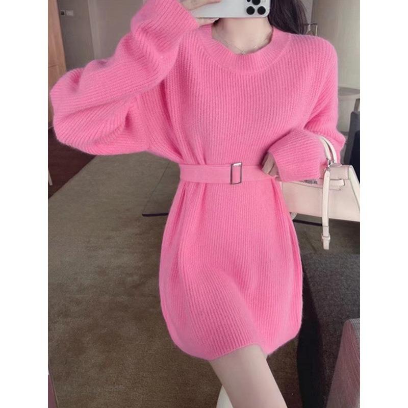 

Тонкая юбка-свитер на шнуровке на талии, осенне-зимний простой стиль, средней длины, пуловер, вязаный свитер женский One size