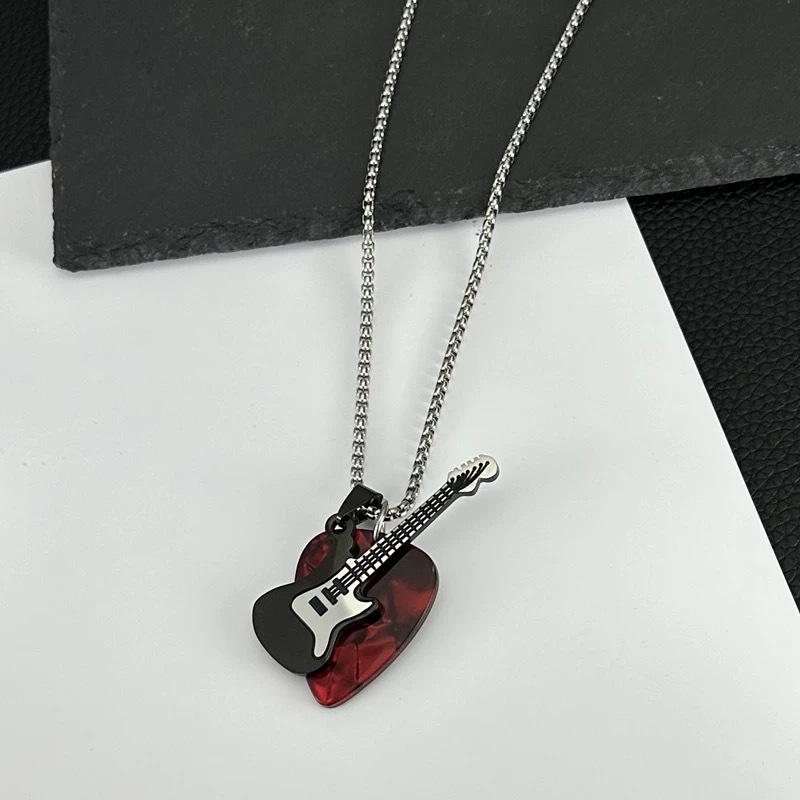 Hip-Hopowy Wisiorek z Kostką Gitarową Naszyjnik Punkowy Tytanowa Stalowa Łańcuszek Gitarowy Choker Modny Vintage Łańcuszek do Swetra Gitara Elektryczna Chłopcy
