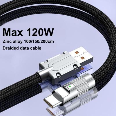 120W 6A USB C Cable Super Fast Charging USB Type-C Cable Nylon Braided with Indicator Cable for iPhone Charger Phone Accessories