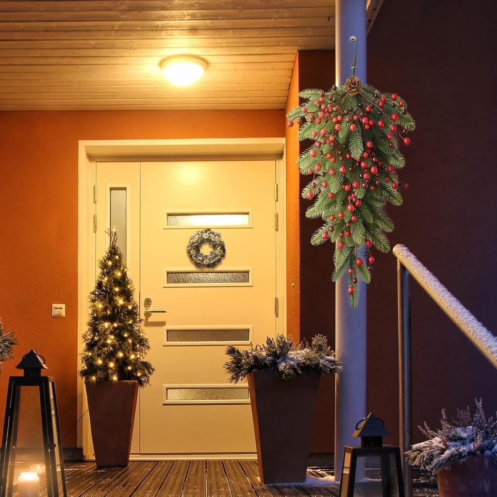 Artificial Christmas Teardrop Swag 27.6inch Door Swag Christmas Wreath with Red Berries Pine Cones Mixed Pine Swag for Holiday Wall Door Lintel