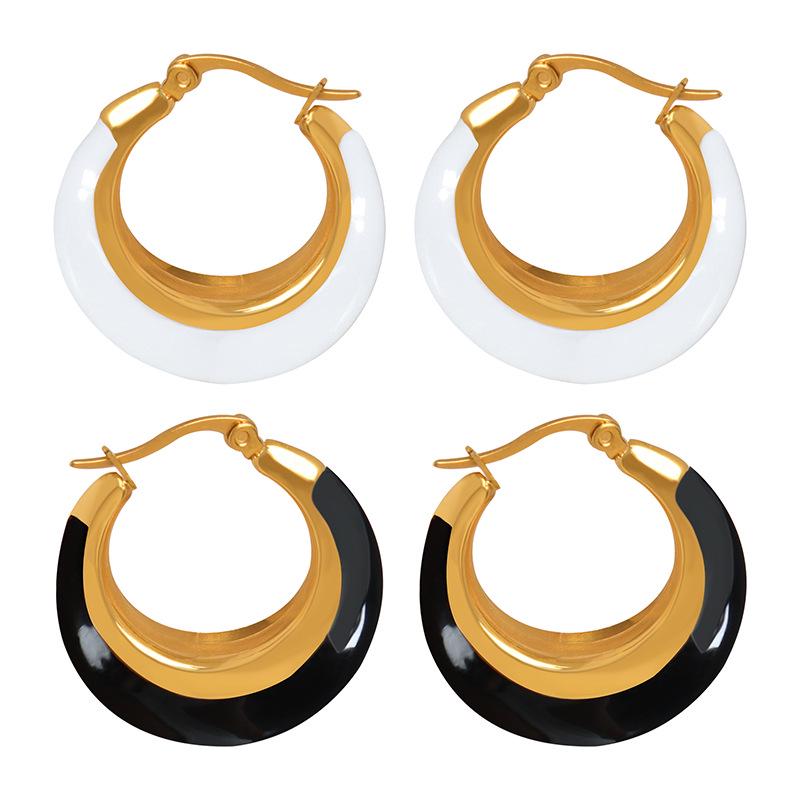 Gold-Plated Geometric Hoop Earrings: Black & White Oil Drip, European Retro Style for Women