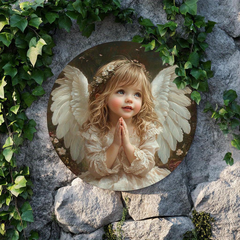 1 Stück runde 2D-Wandkunst aus Holz mit Engelsmotiv, ideal für Tür, Wand, Zuhause, Zimmer, Bauernhaus, Straße, Geschäft, Garage, Bar, Garten und Kaffeehaus-Dekoration