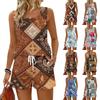 Women Summer Casual Two Piece Set Vintage Floral Print Sleeveless Tank Top Square Neck Sporty Shorts with Pockets