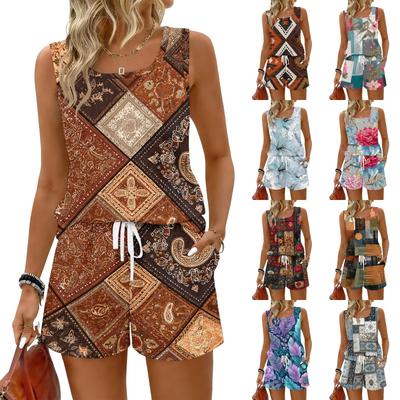 Women Summer Casual Two Piece Set Vintage Floral Print Sleeveless Tank Top Square Neck Sporty Shorts with Pockets