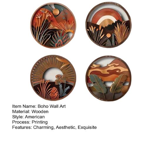 4 Pcs Wooden Round Boho Wall Art Bohemian Circle Wall Decor Hollow Out Farmhouse Hanging Sign for Bedroom Living Room Bathroom Patio Apartment