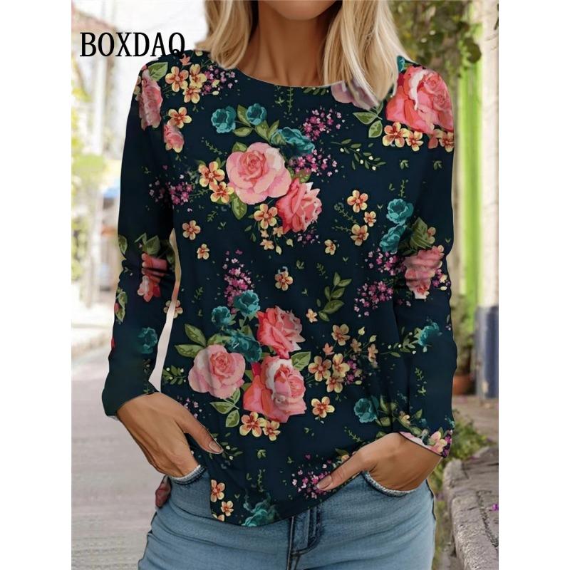 Rosenblumen Schmetterling T-Shirt Damen Batikdruck Langarmtops Übergroß Herbst Winter Lässiger Pullover Damenkleidung