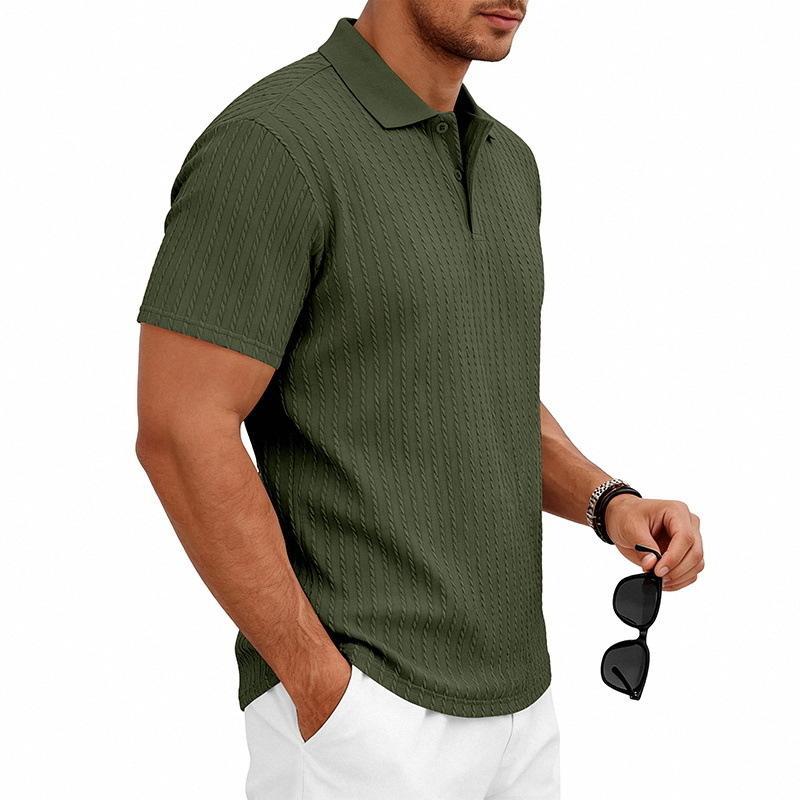 Mens Summer Textured Short Sleeve Polo Shirt Business Casual Solid Lapel Top