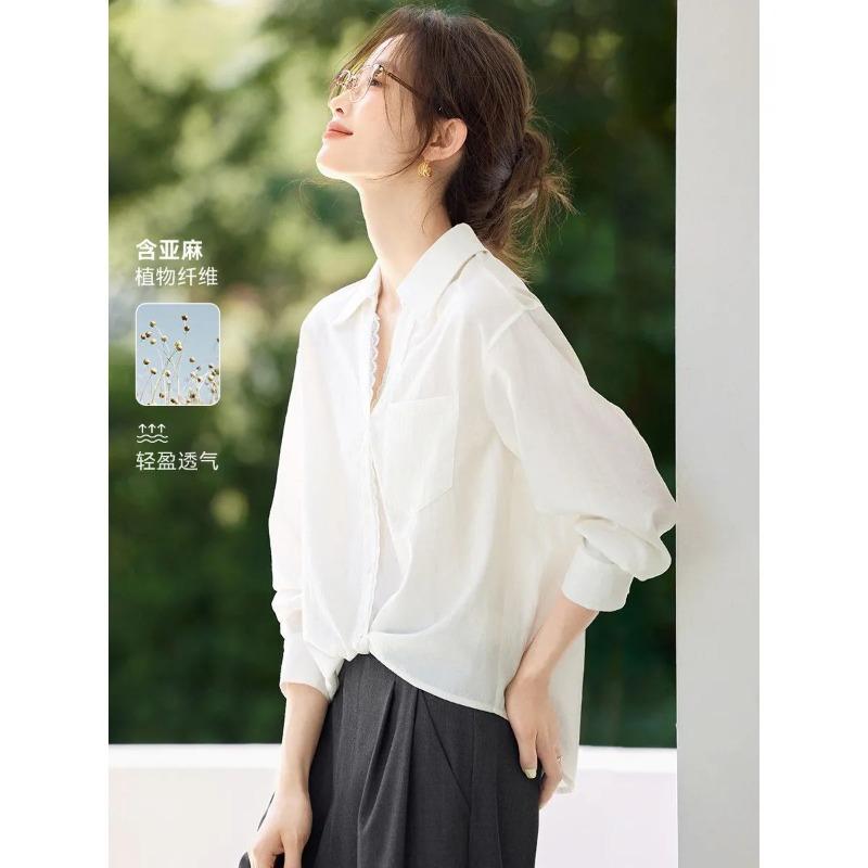Womens Linen Blend Long Sleeve Button-Down Shirt M белый