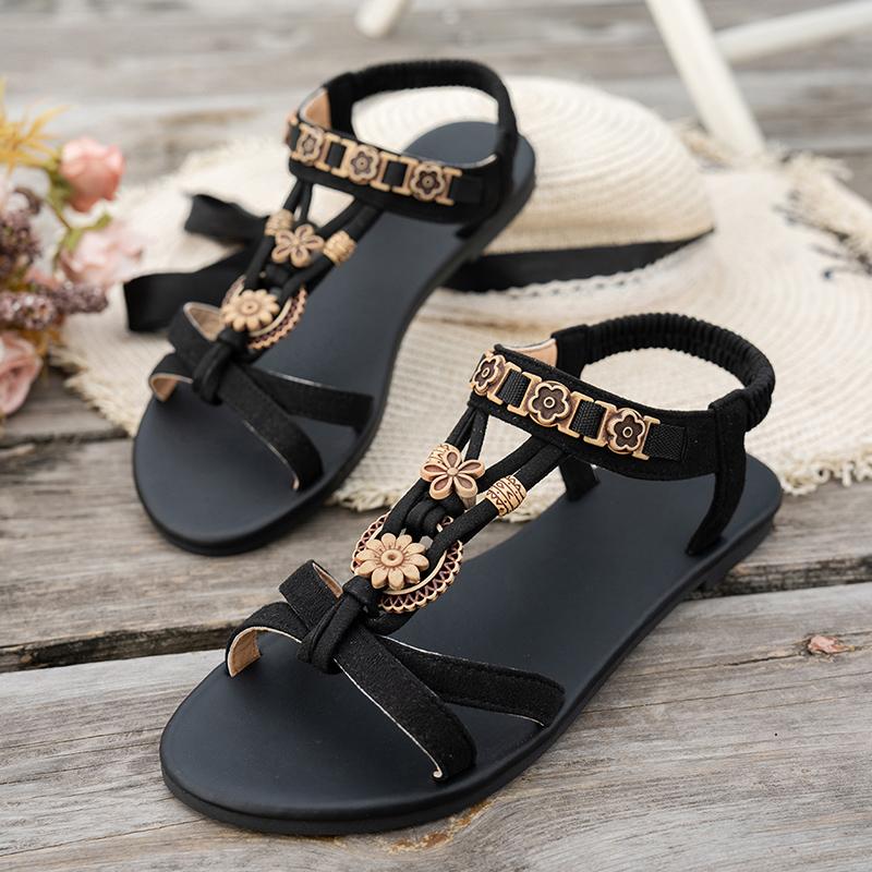 Fashion Flowers Decor Bohemian Sandals for Women 2025 Summer Non Slip Flat Heel Sandles Woman Elastic Band Plus Size Rome Shoes 36-43