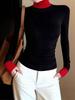 Korean Color Block Half-Neck Long-Sleeve Slim-Fit T-Shirt for Women - Autumn/Winter Style