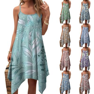 Damen Sommer Casual Vintage Blumenmuster Rundhals Verstellbares Trägerkleid mit Taschen