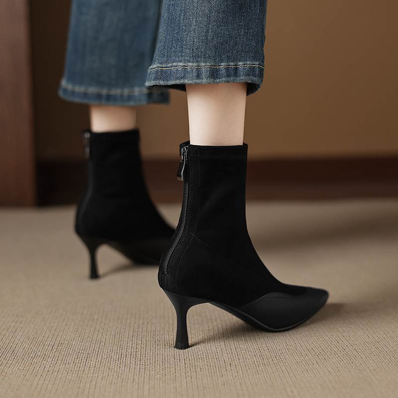 Krazing Pot Flock Pointed Toe Thin High Heels Modern Boots Size 42 Zip Patch Work Women Elastic Ankle Boots