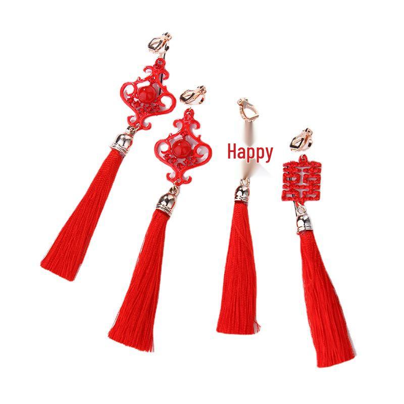 Hanfu-Inspired Red Tassel Clip-On Earrings with Chinese Knot Design