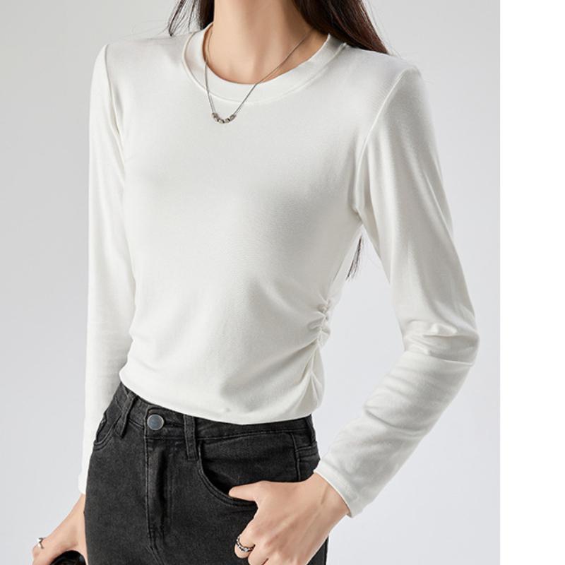 New Design Pleated Waist Hot Girl Long-sleeved Top for Women In Autumn and Winter Round Neck Straight Shoulder Bottoming Shirt T-shirt