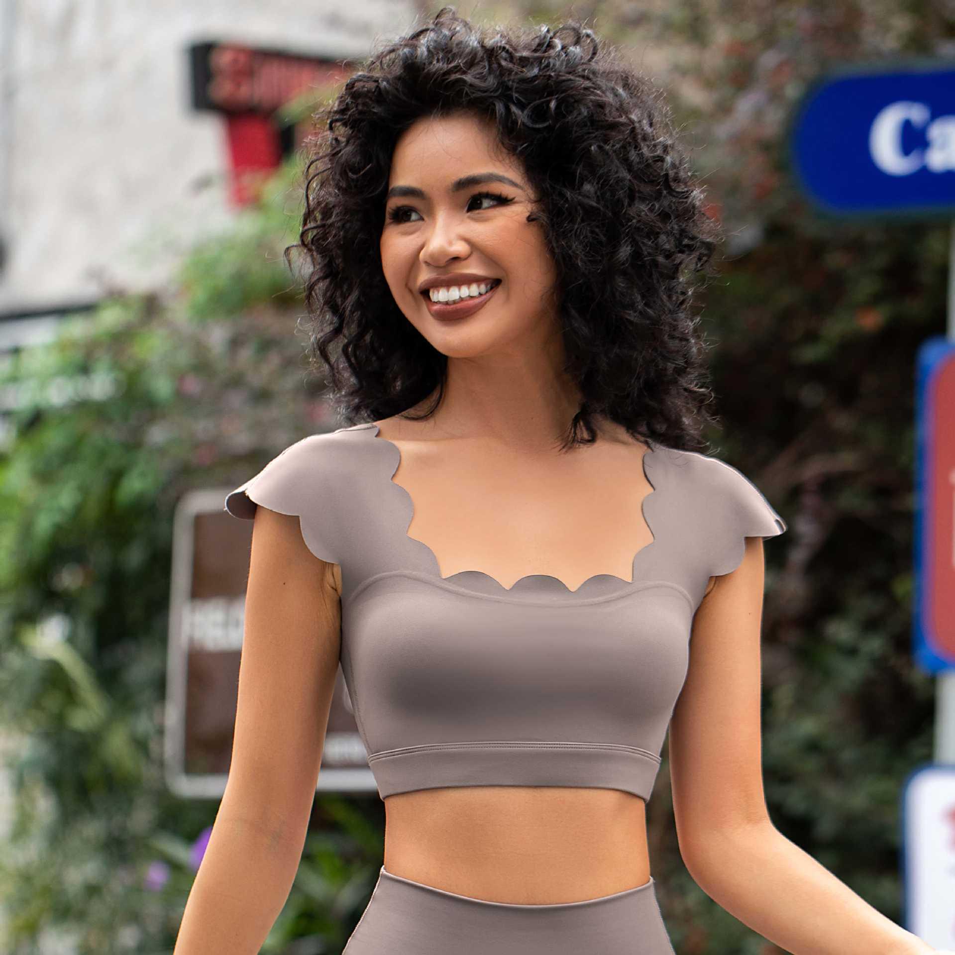 

Sleek Wavy Lace Yoga Set: Nude Feeling Short Sleeve with Chest Pad & Shorts Medium