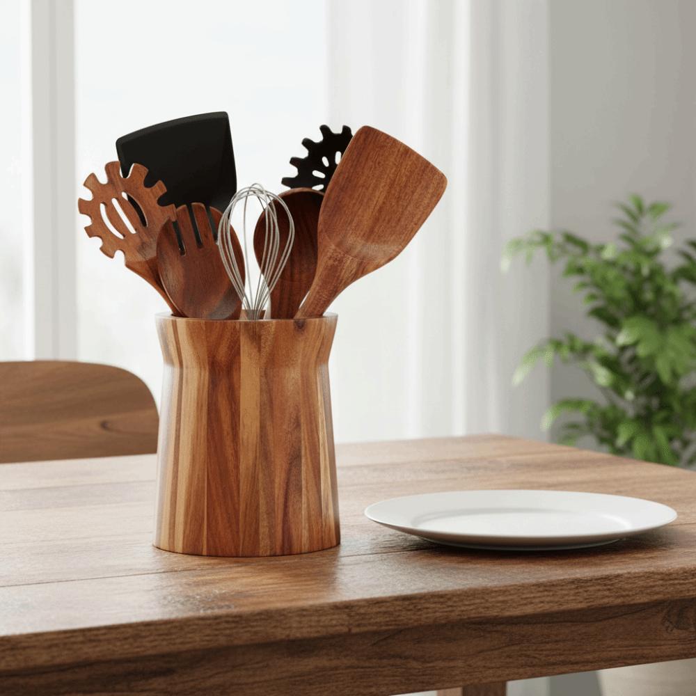 Wooden 360-Degree Rotating Utensil Holder Farmhouse Style Trapezoidal Cutlery Organizer Smooth Surface Dinnerware Rack Spatulas
