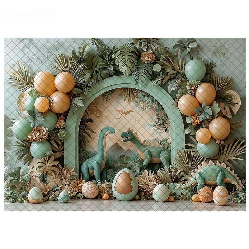 Dinosaur Theme Backdrop Photography Tropical Forest Arch Balloon Decor Birthday Cake Smash Kids Portrait Photo Background Studio