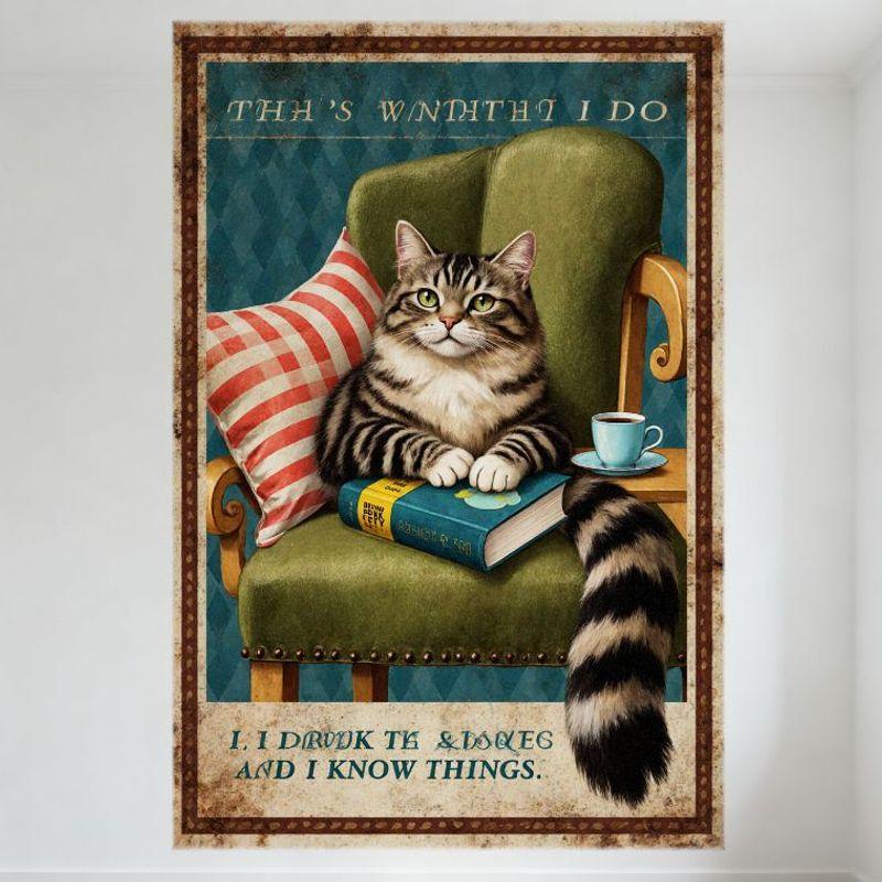 

Vintage Tabby Cat with Tea & Book Tin Sign Whimsical Retro Metal Poster for Bar Pub Home Cafe Wall Decor 20x30cm（7.8x11.8inch）